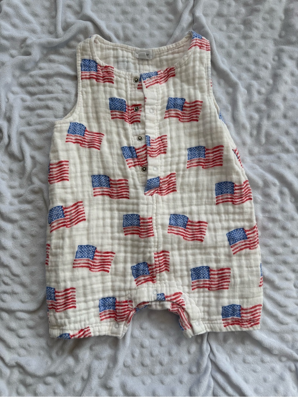 Angel Dear White Muslin Romper with Red & Blue Flag Print